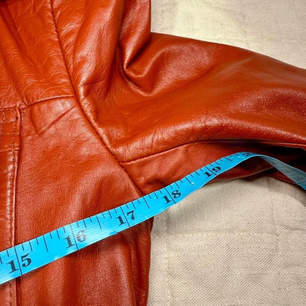 Vintage 70s Rust Faux-Leather Belted Trench Coat – Women's S/M - Picture 7 of 8